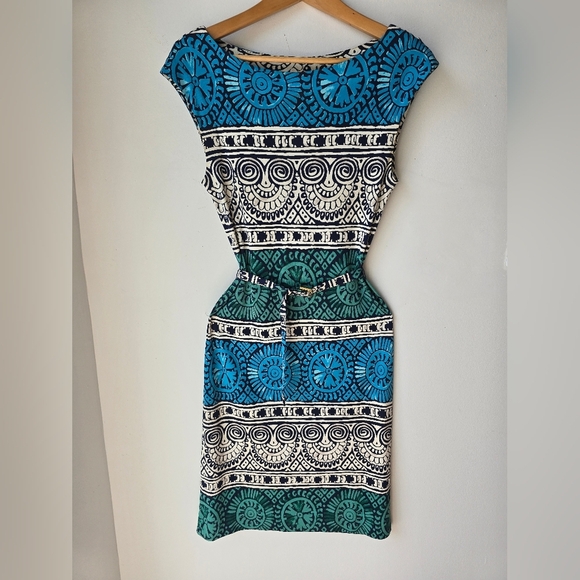 TORY BURCH 100% SILK KNIT Blue Green Patterned Dress Belt Size S - Picture 2 of 5